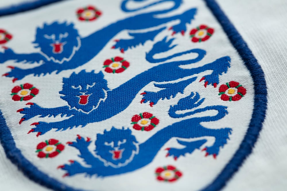 LONDON, UK - August 2022: Three lions national emblem badge on an England football team shirt